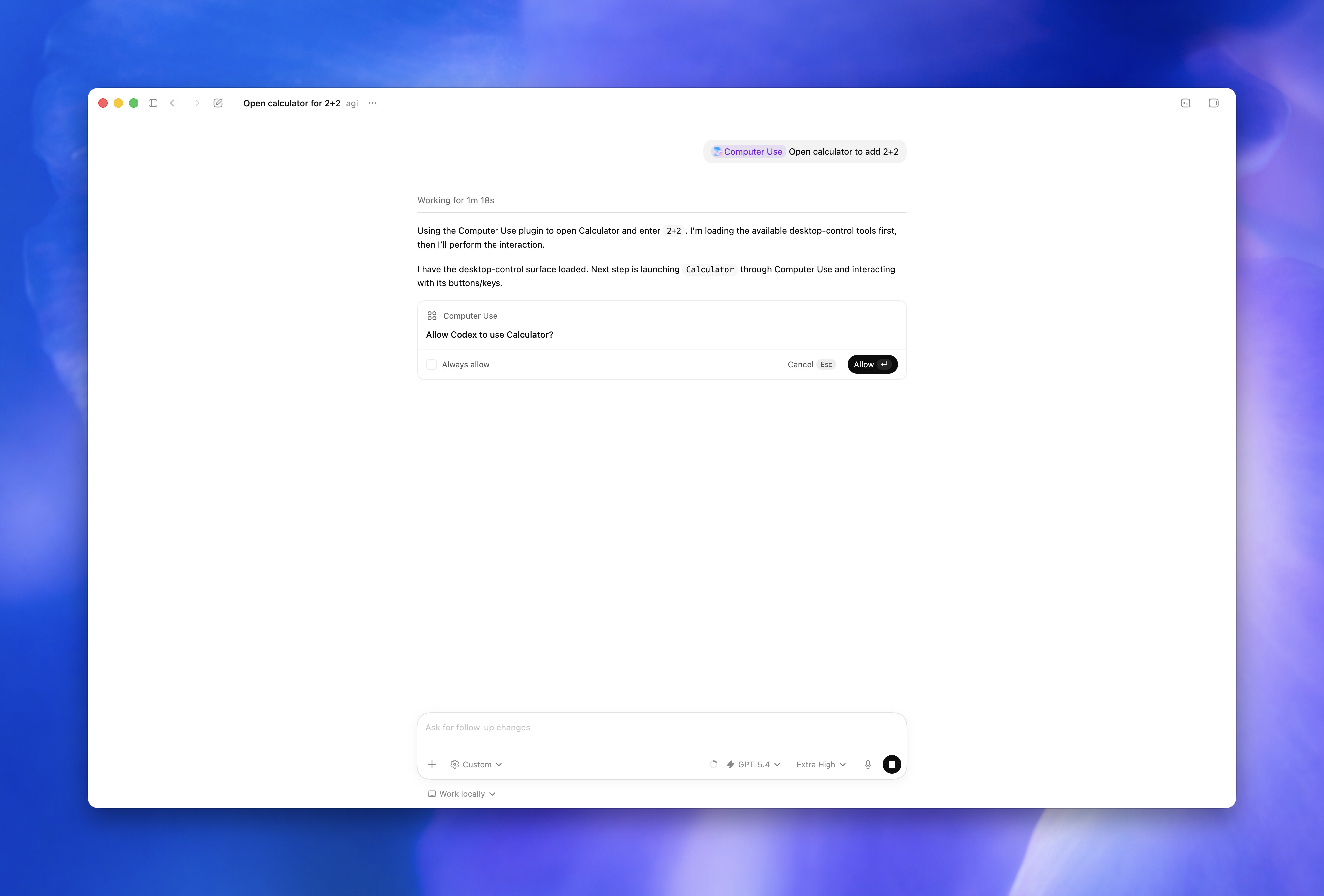 Codex Computer Use permission prompt asking whether Codex may use Calculator