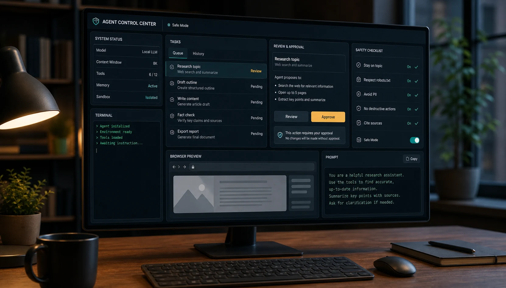 Generated editorial image of a local AI agent control center dashboard with task queues, approval gates, safety checks, and a prompt panel