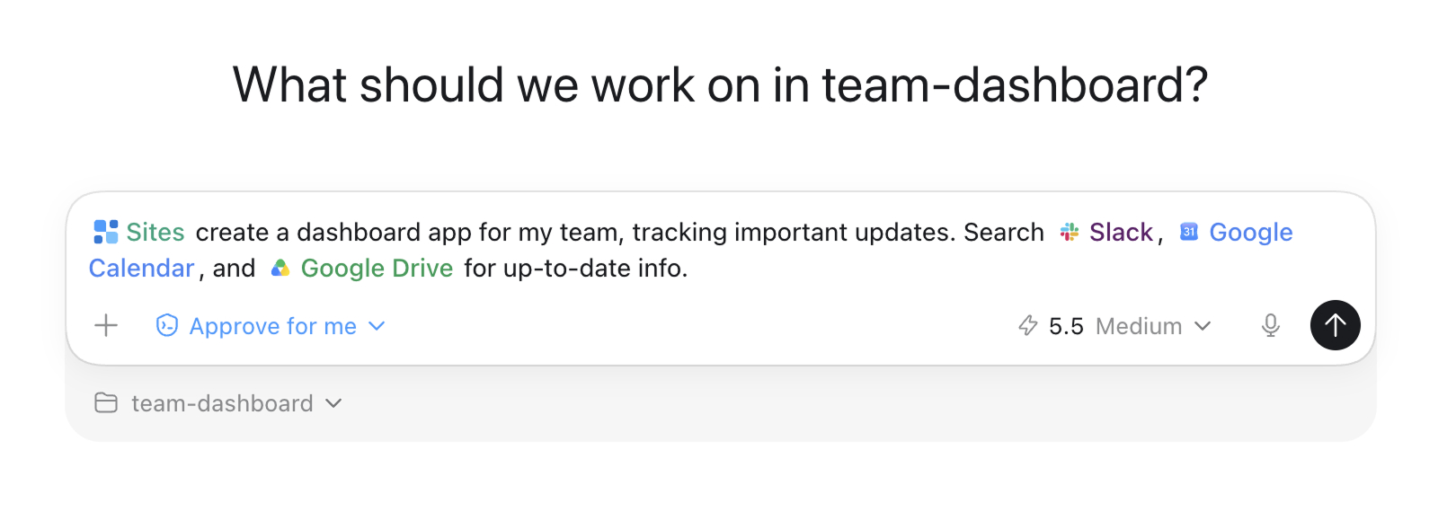 OpenAI Codex Sites prompt input screenshot showing a dashboard app request with Slack, Google Calendar, and Google Drive context