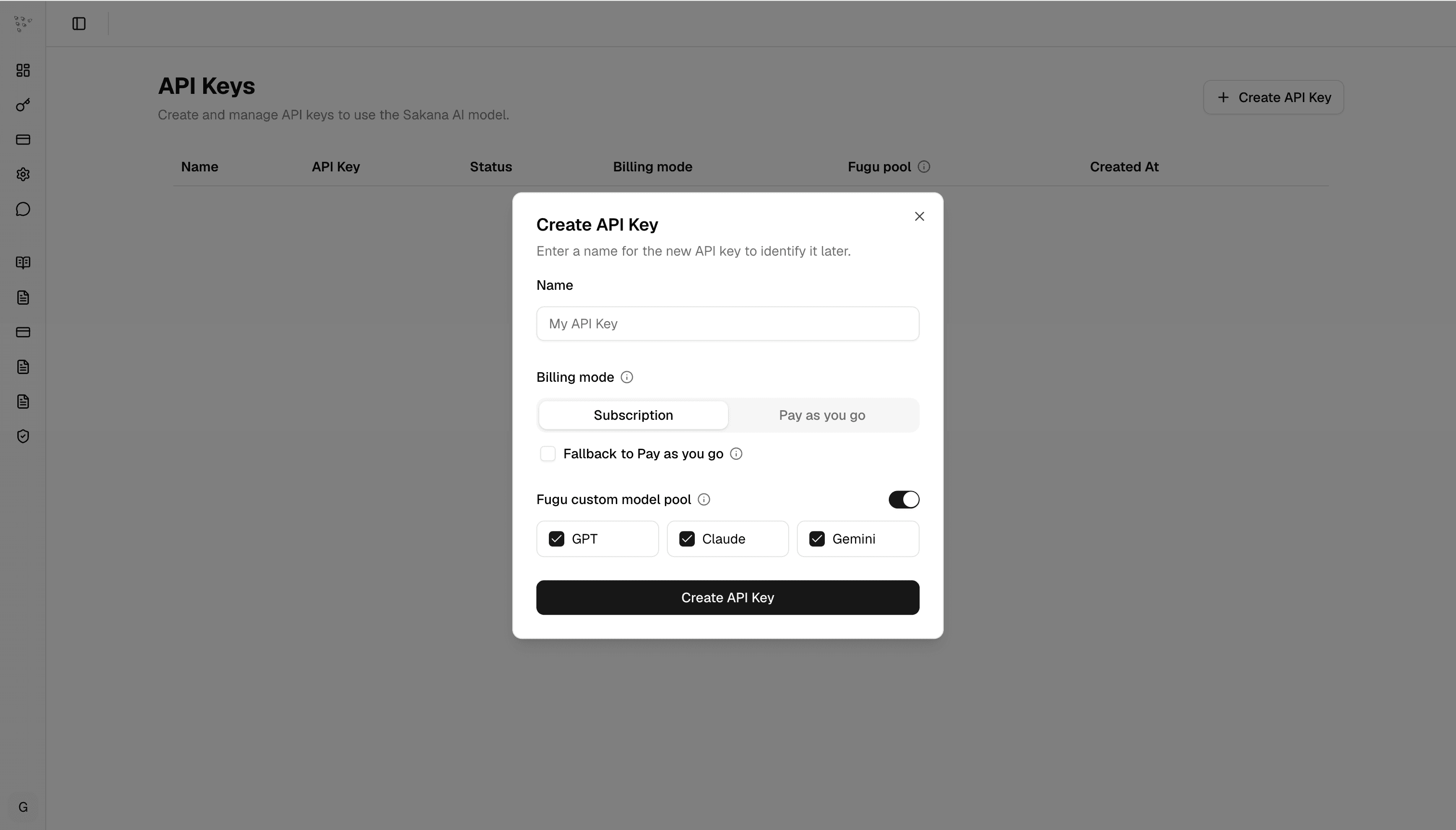 Sakana console screen showing API key creation and custom model pool options for Fugu