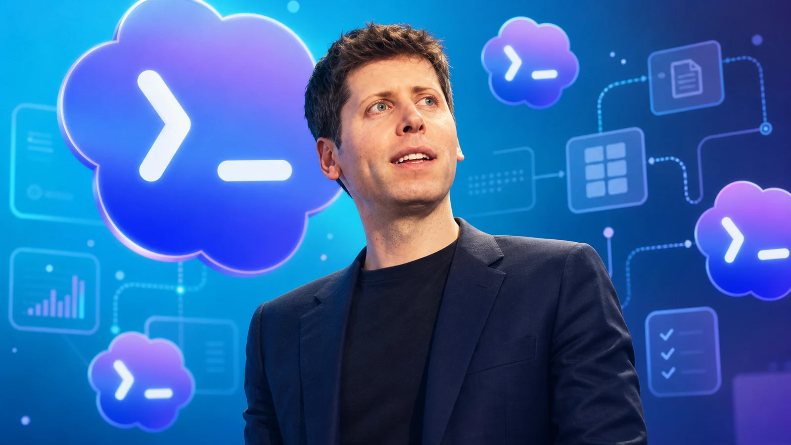 Editorial image of Sam Altman in front of Codex workflow icons and agent workspace visuals
