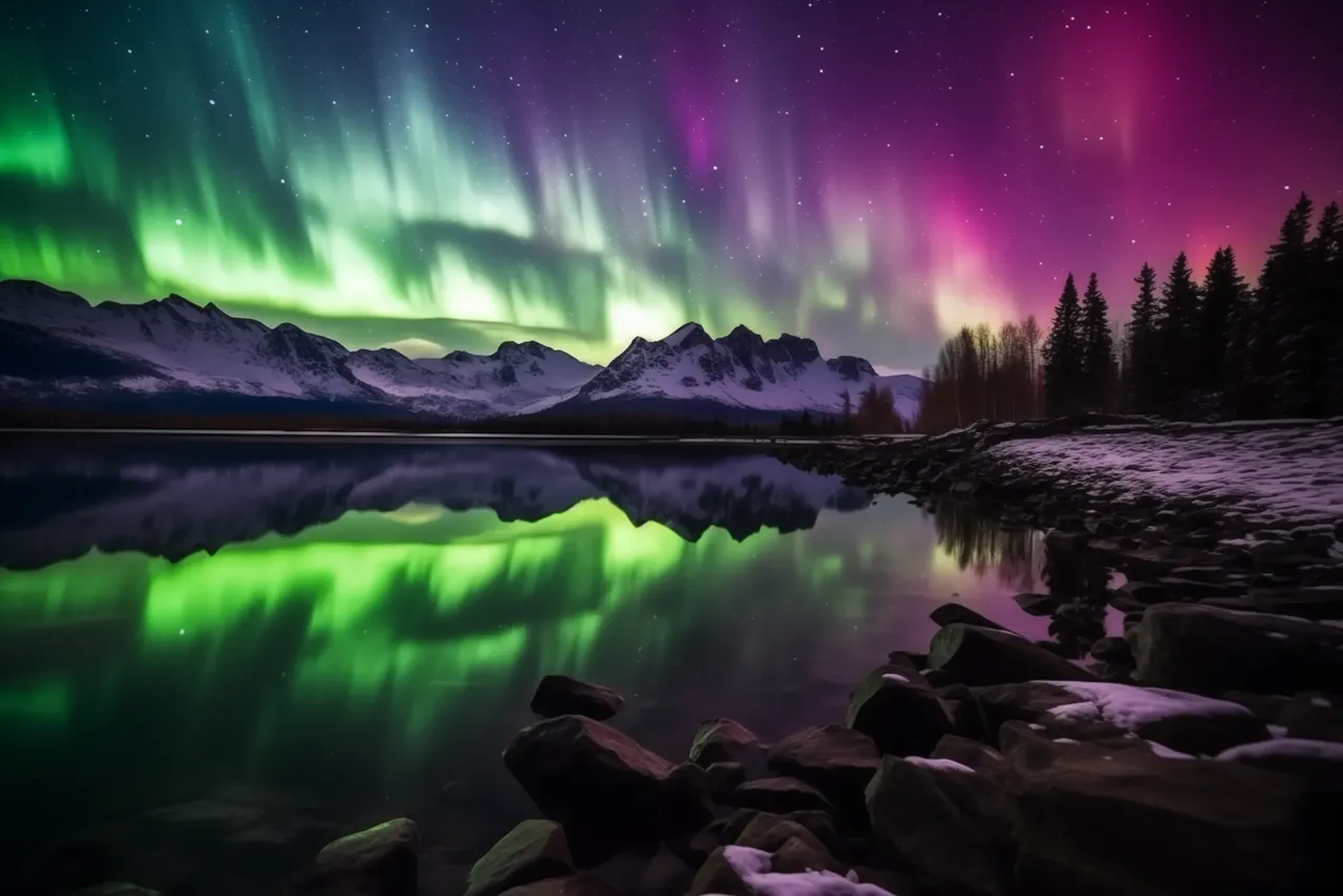 Green and violet northern lights over a still mountain lake that mirrors them.