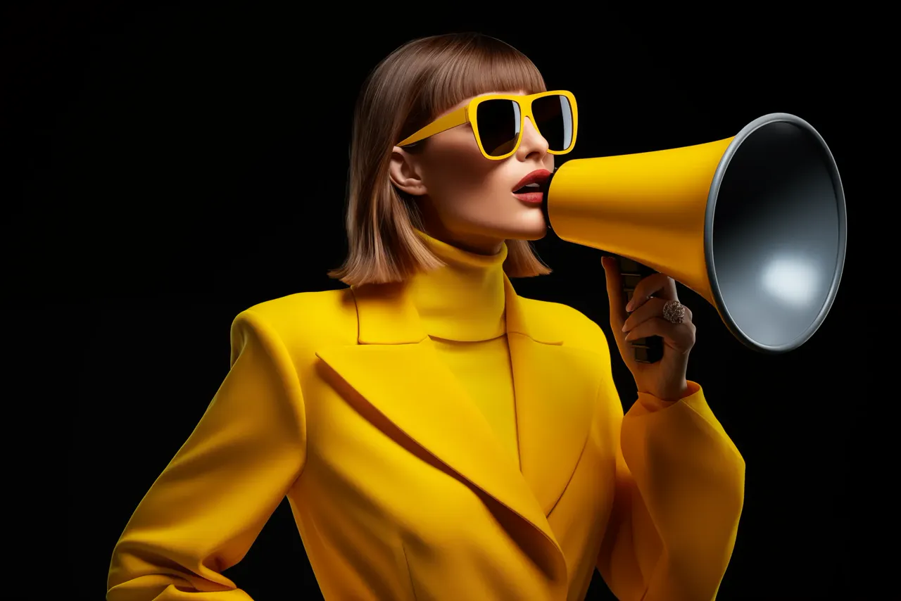 A woman in a yellow suit and yellow sunglasses shouting into a megaphone against a black background.
