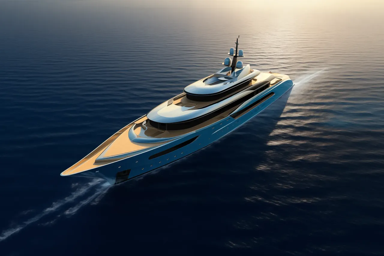 A white superyacht cutting across a calm dark sea, seen from above in evening light.
