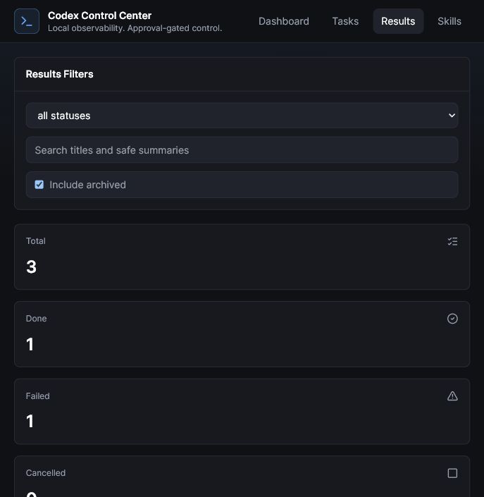 Codex Control Center results page with safe filters and task totals