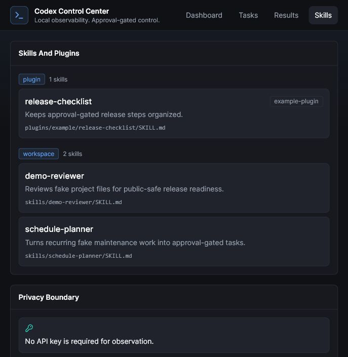 Codex Control Center skills page with safe plugin and workspace skill labels