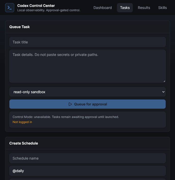 Codex Control Center tasks page with read-only queue task form