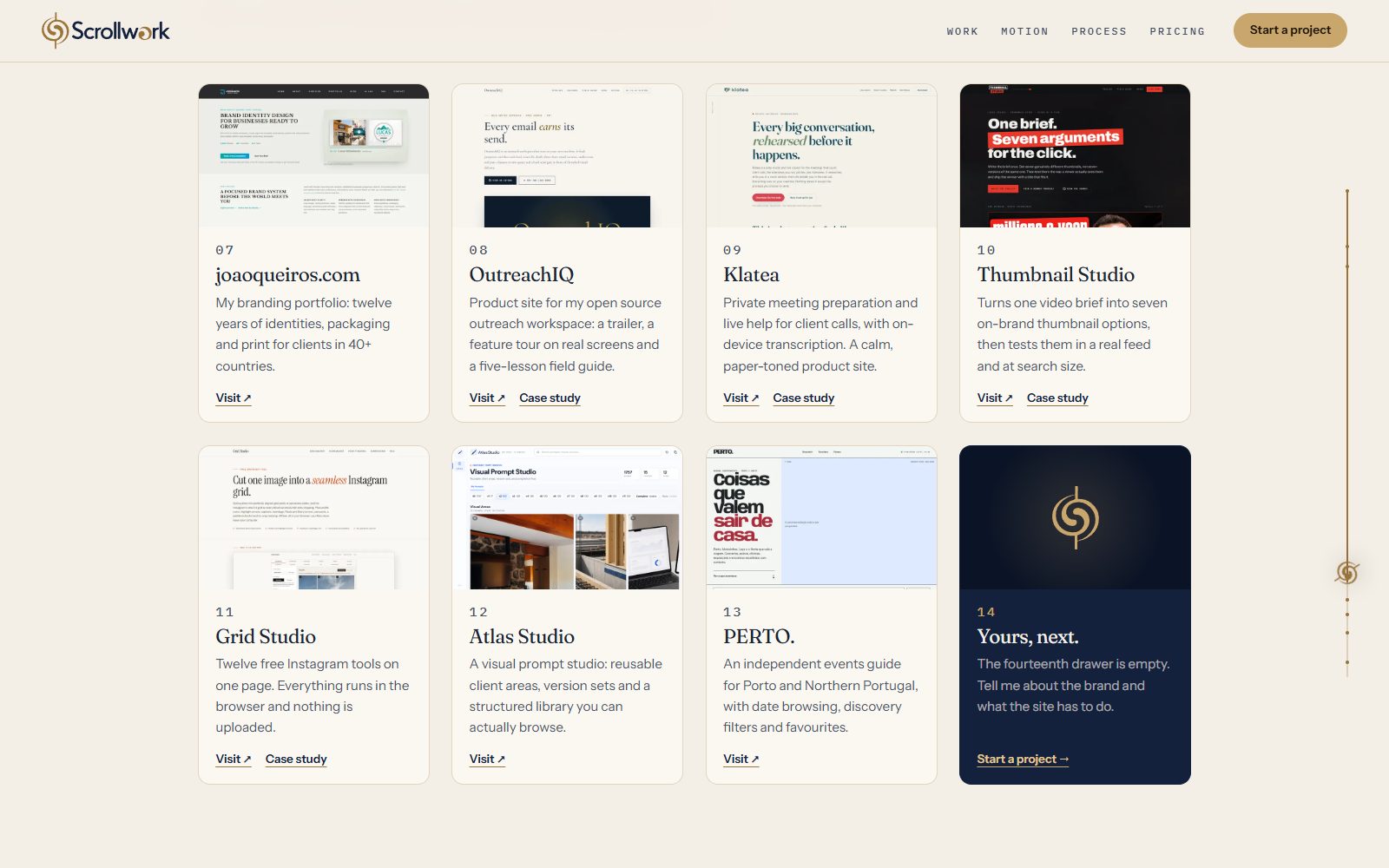 The Scrollwork cabinet: cards of more live sites that scroll themselves on hover