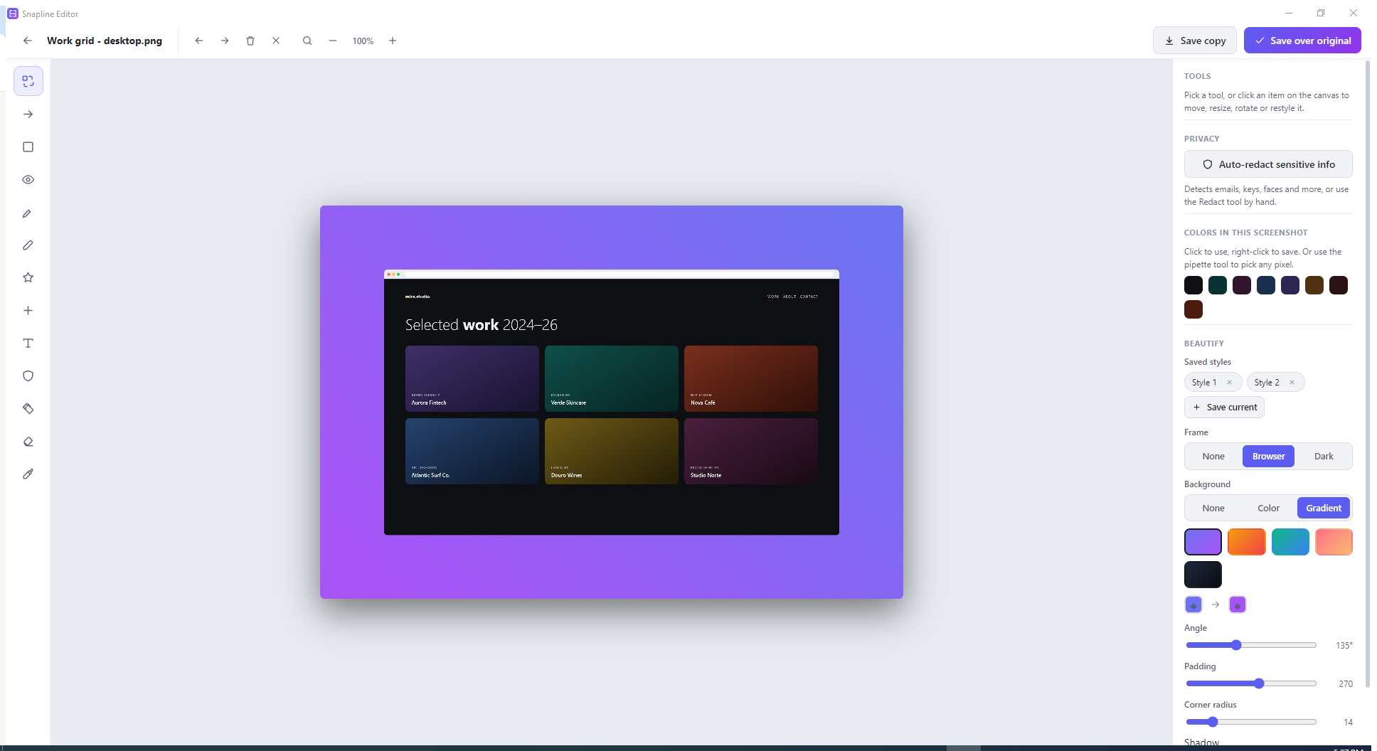Snapline Beautify controls with a browser frame, gradient background and spacing options