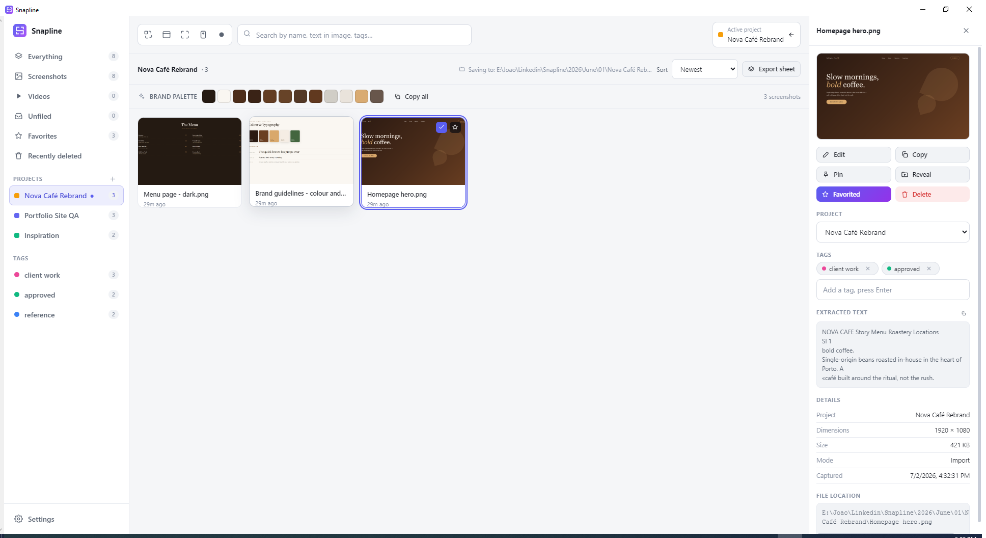 Snapline library with project folders, tags, screenshots and a visible local file path