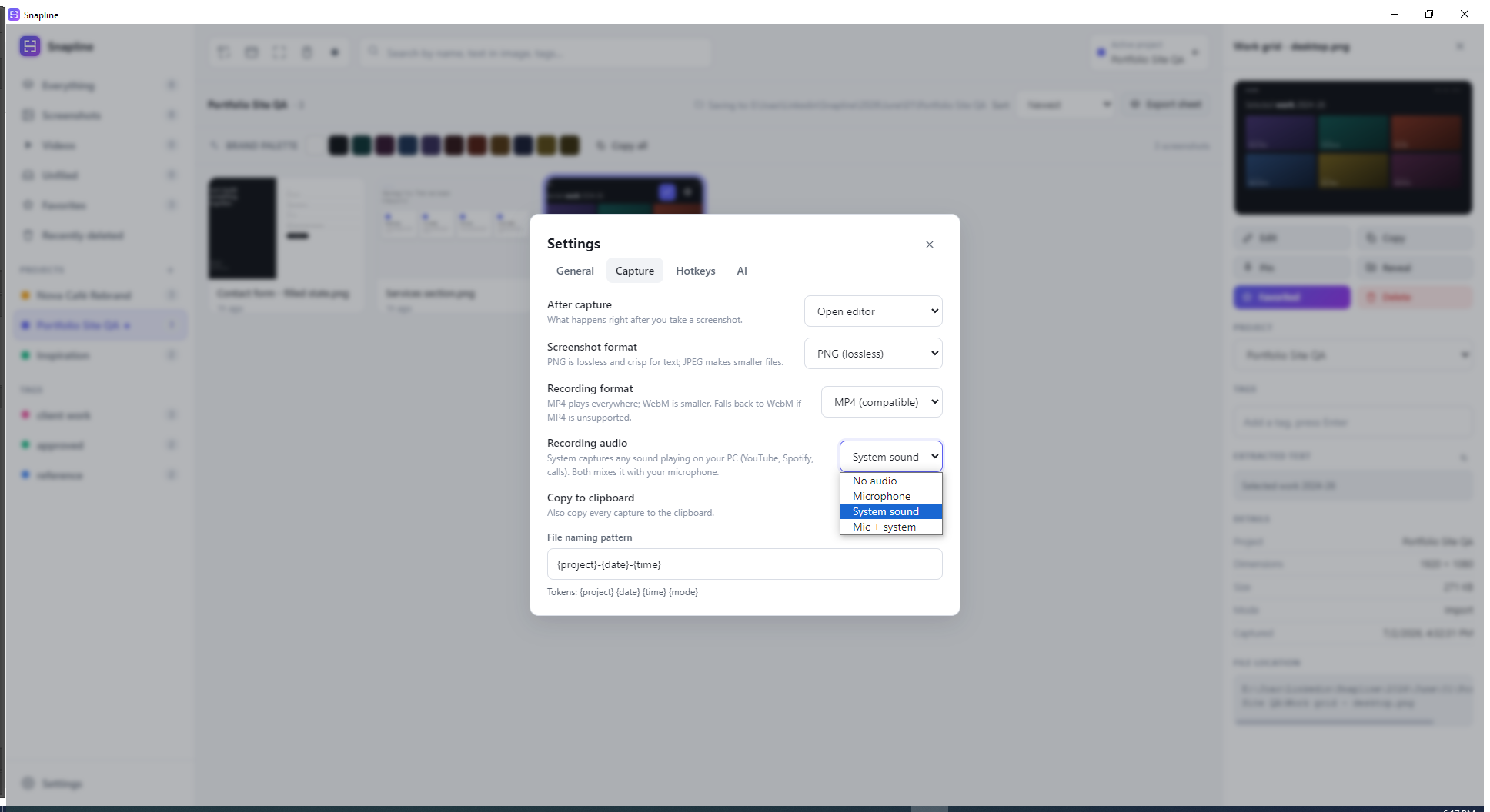 Snapline Capture settings showing screenshot and MP4 recording options