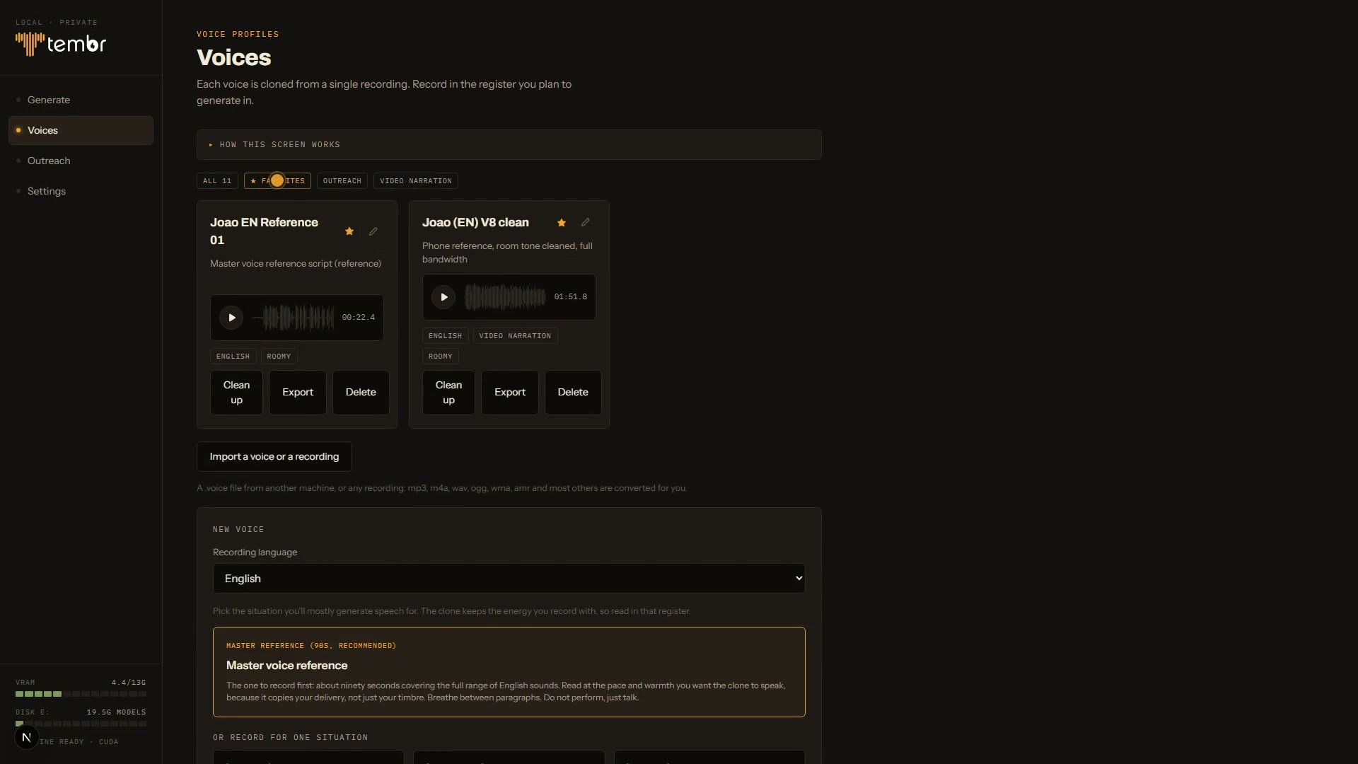 The Tembr voice library showing cloned voices with quality badges