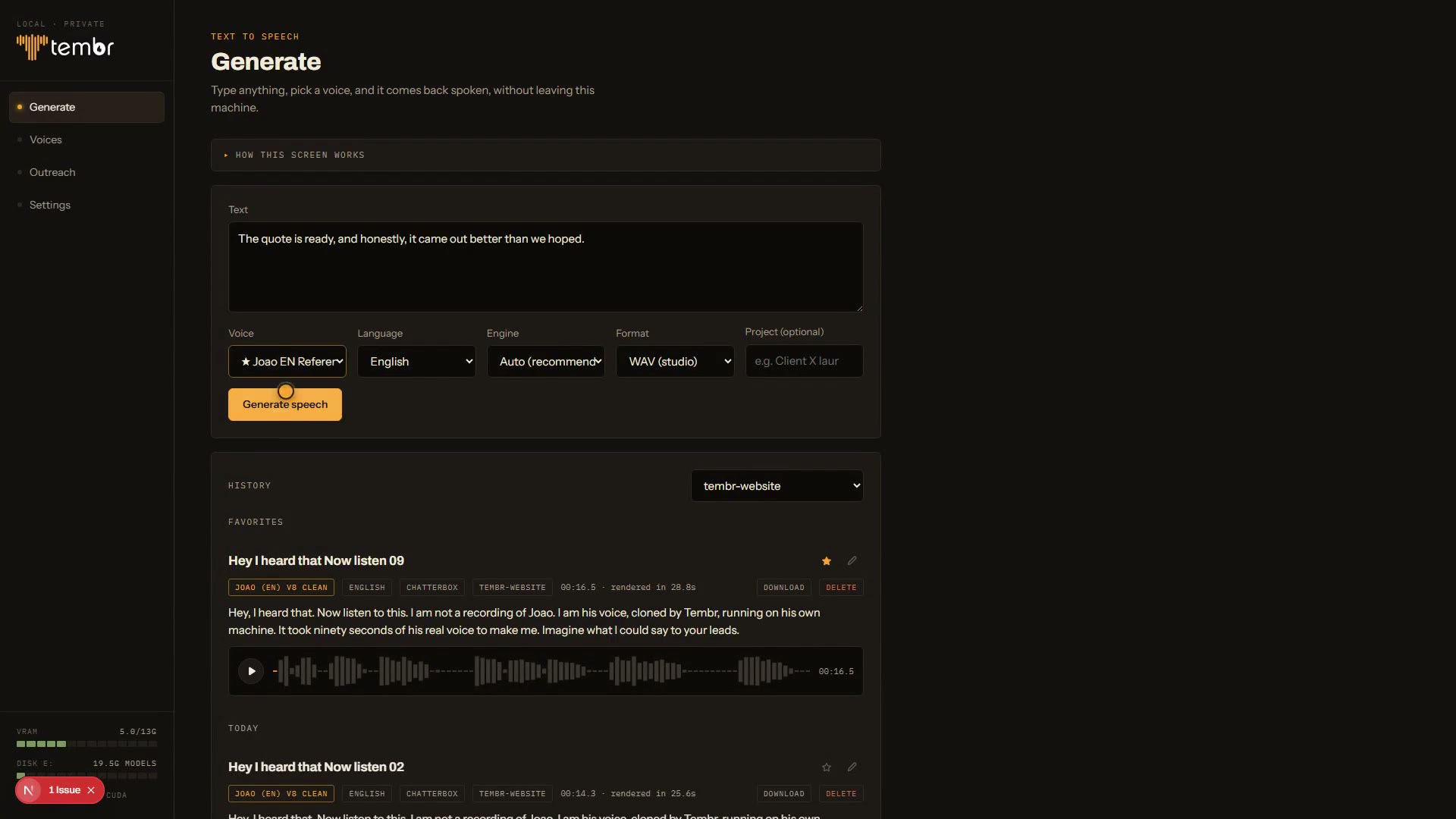 The Tembr generate screen with a typed line and a history of named clips