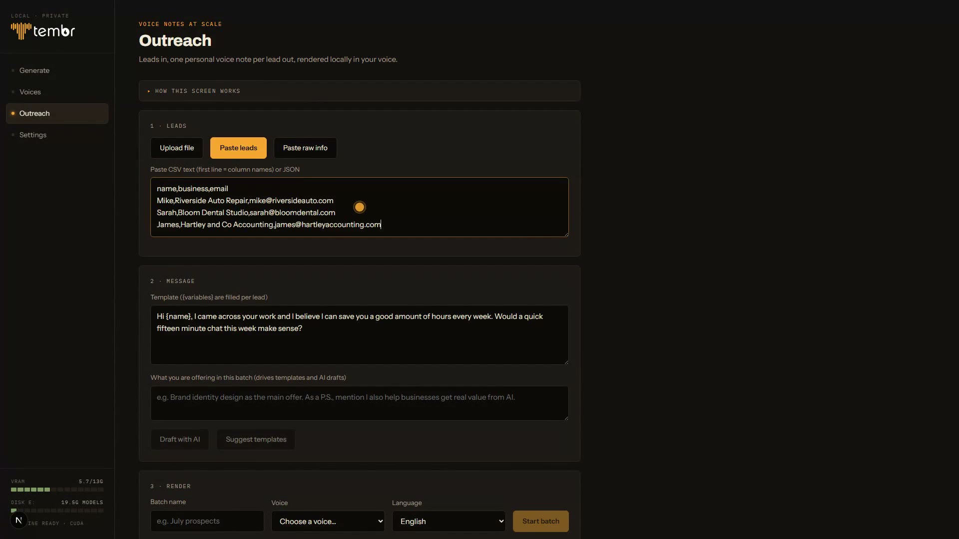 The Tembr outreach screen with a pasted lead list and a message template