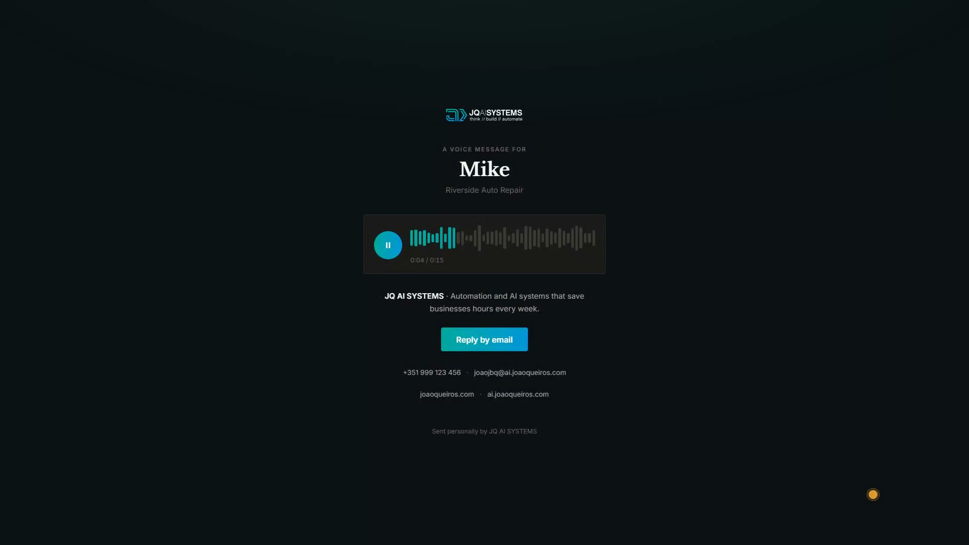 A finished Tembr lead page with the recipient name, a waveform player and a reply button