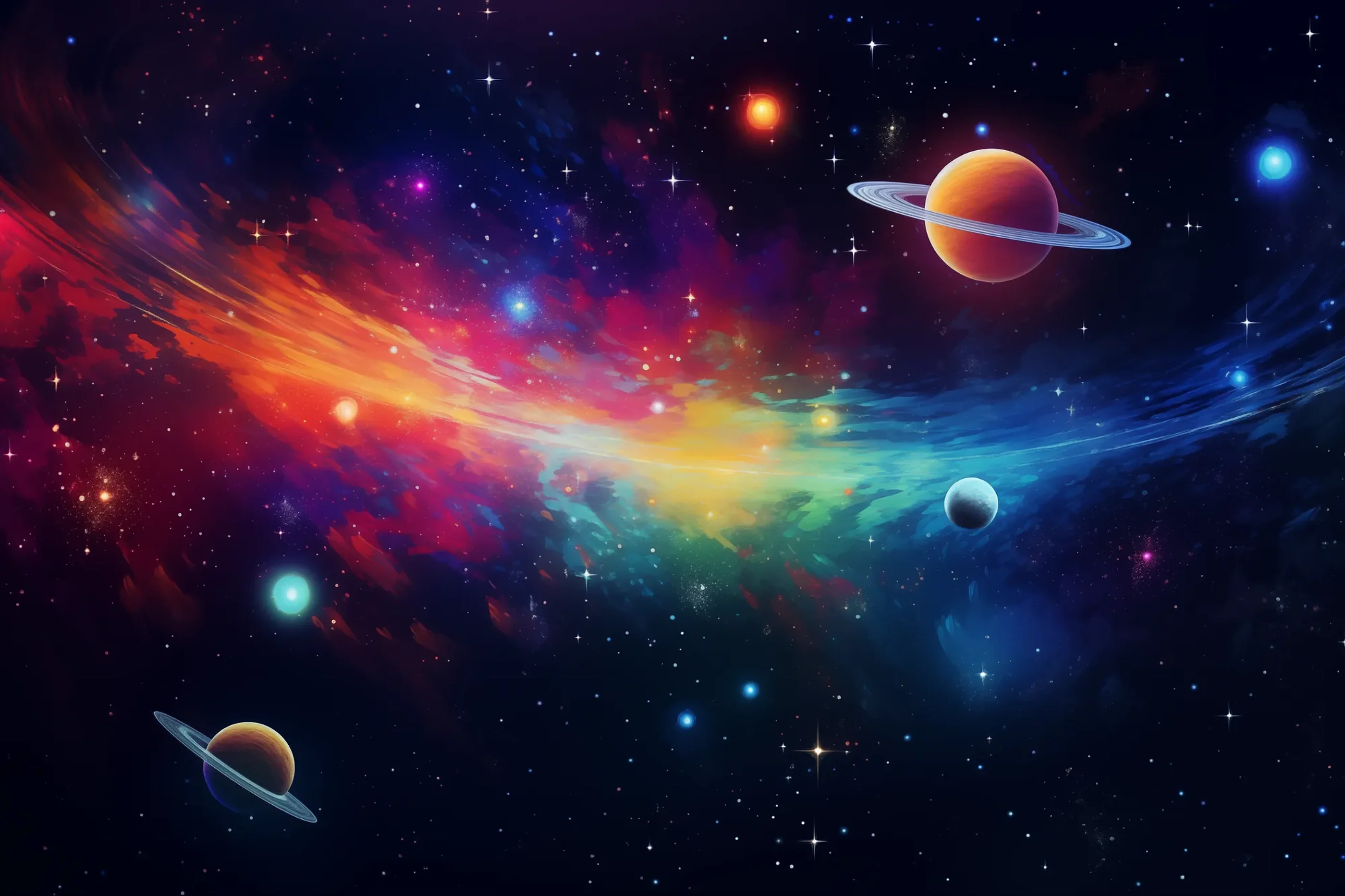 A colourful zone in space with stars and planets, imagined with Midjourney