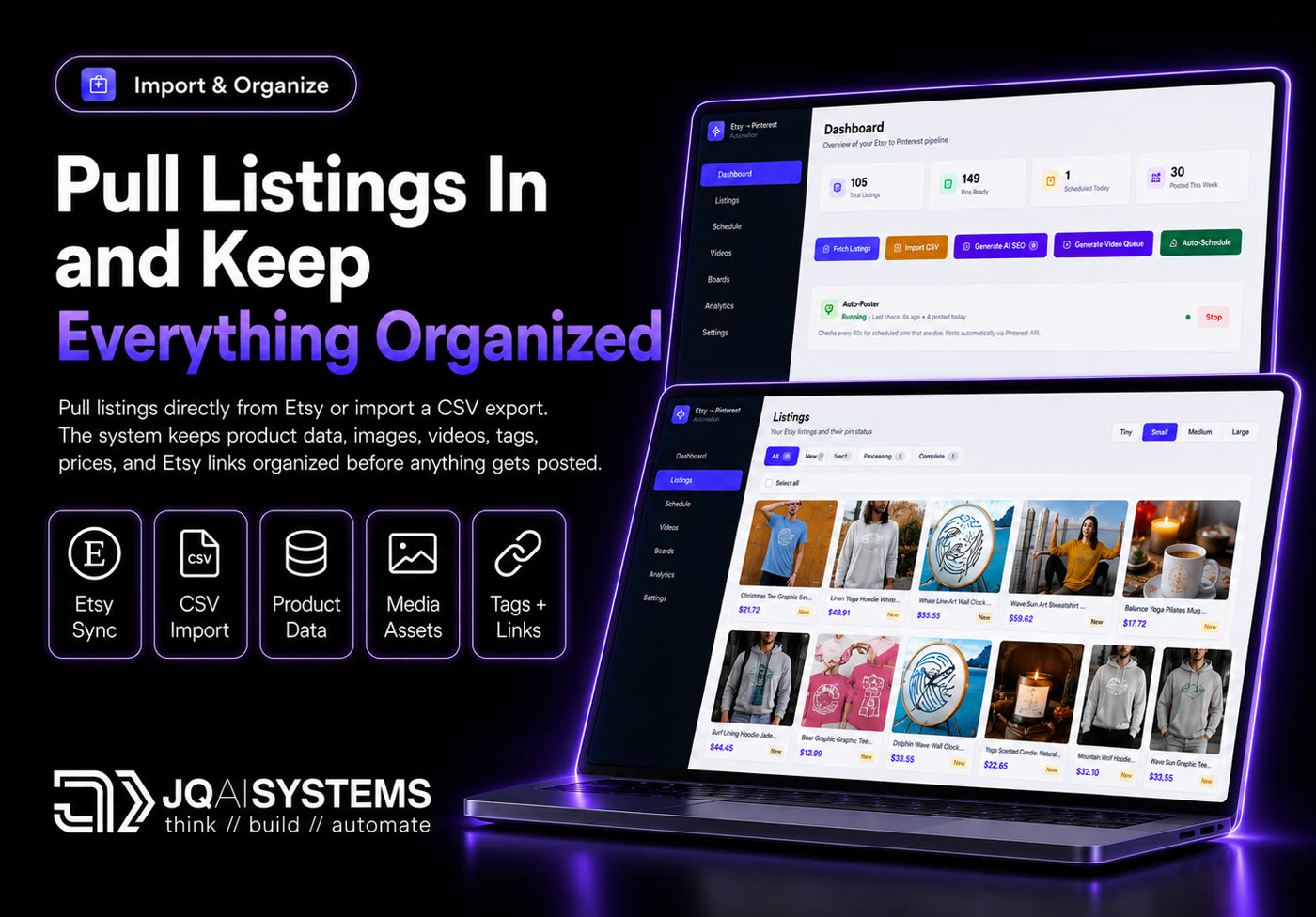 Etsy to Pinterest visual showing listings pulled in and organized before generation