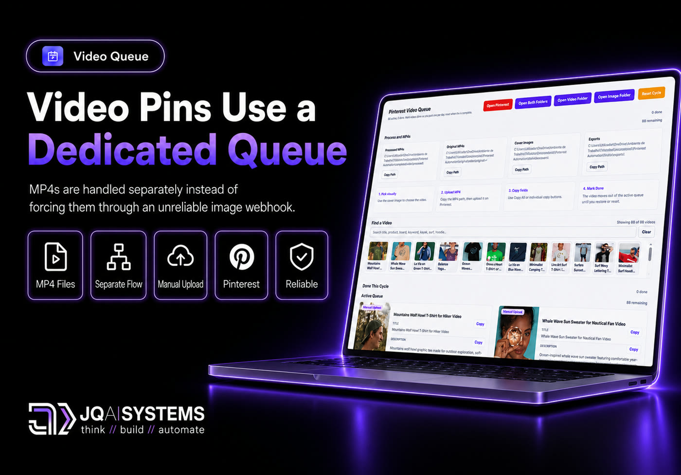 Etsy to Pinterest visual showing video pins in a dedicated manual queue