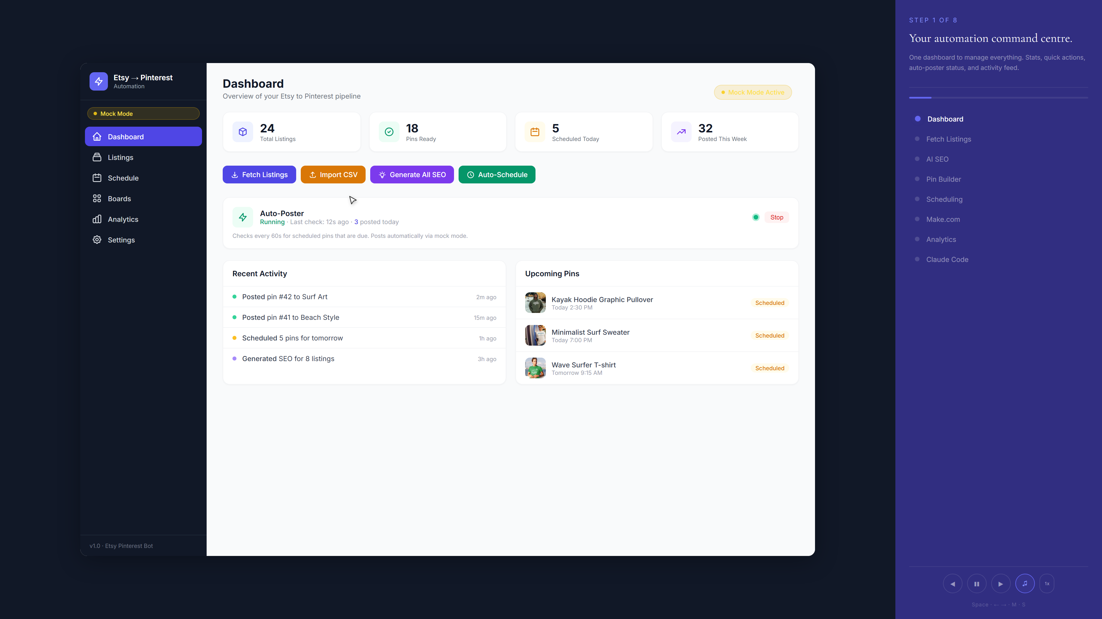 Etsy to Pinterest Pipeline dashboard showing pin builder with AI-generated SEO titles, image gallery with excluded items, and 4 generated pin cards