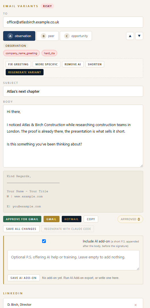 OutreachIQ tone audit panel with flagged phrases in a draft email