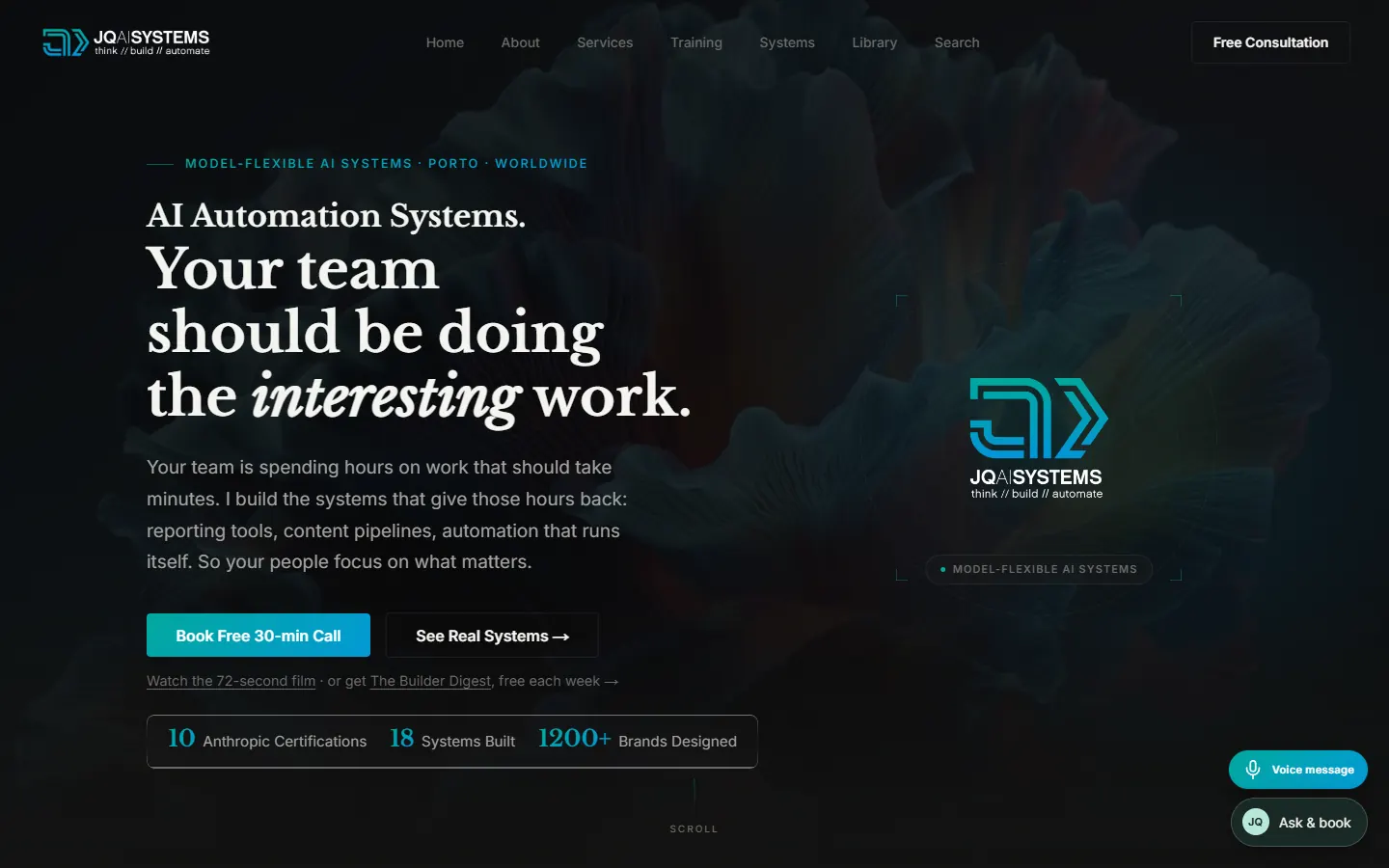 The JQ AI SYSTEMS homepage scrolling from the hero through services, systems and articles.