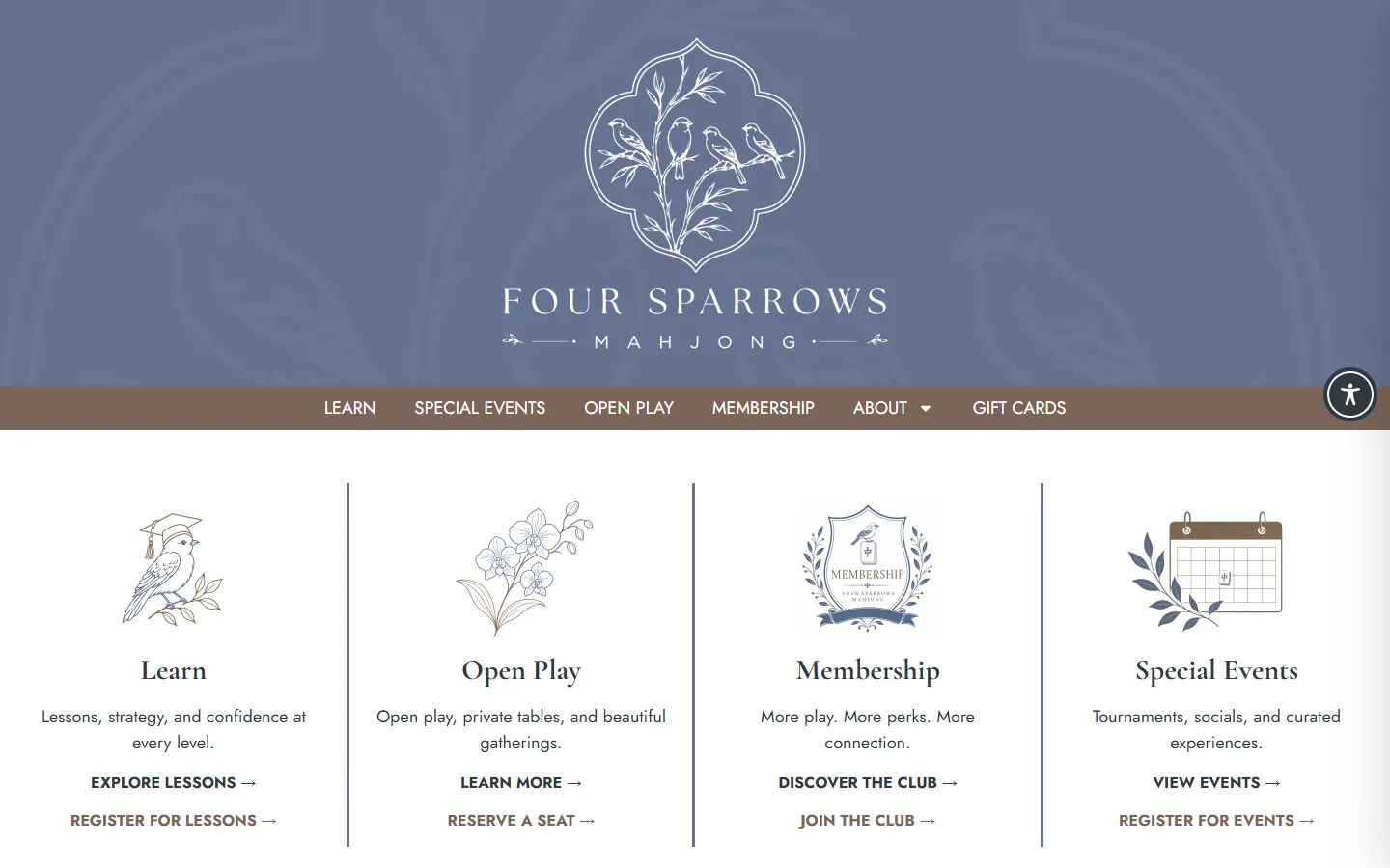 The Four Sparrows Mahjong website scrolling from the sparrow crest through lessons, events and membership.