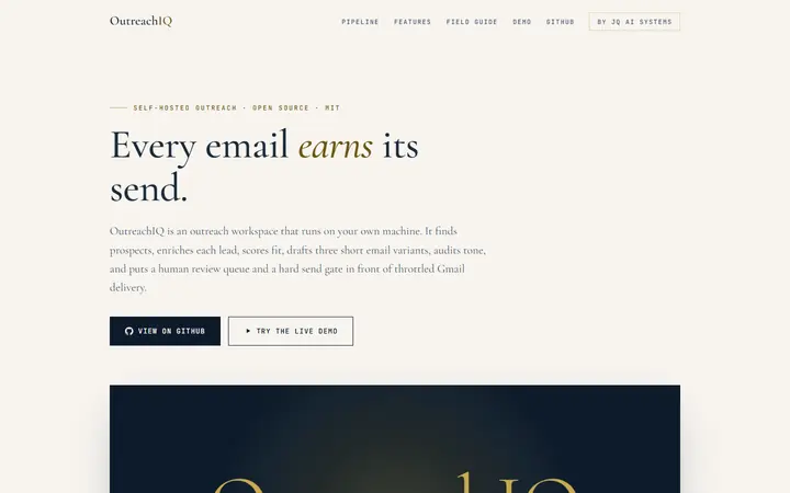 OutreachIQ product site homepage.