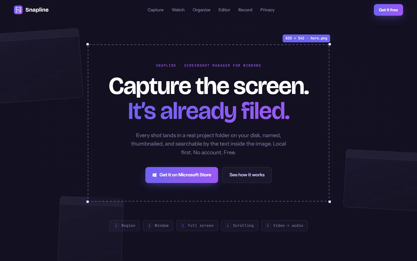 The Snapline product site scrolling through its capture, search and annotate features.