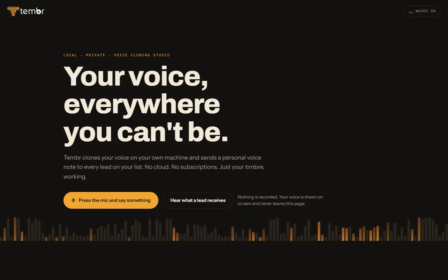 The Tembr product page scrolling from the hero through the features and the setup.
