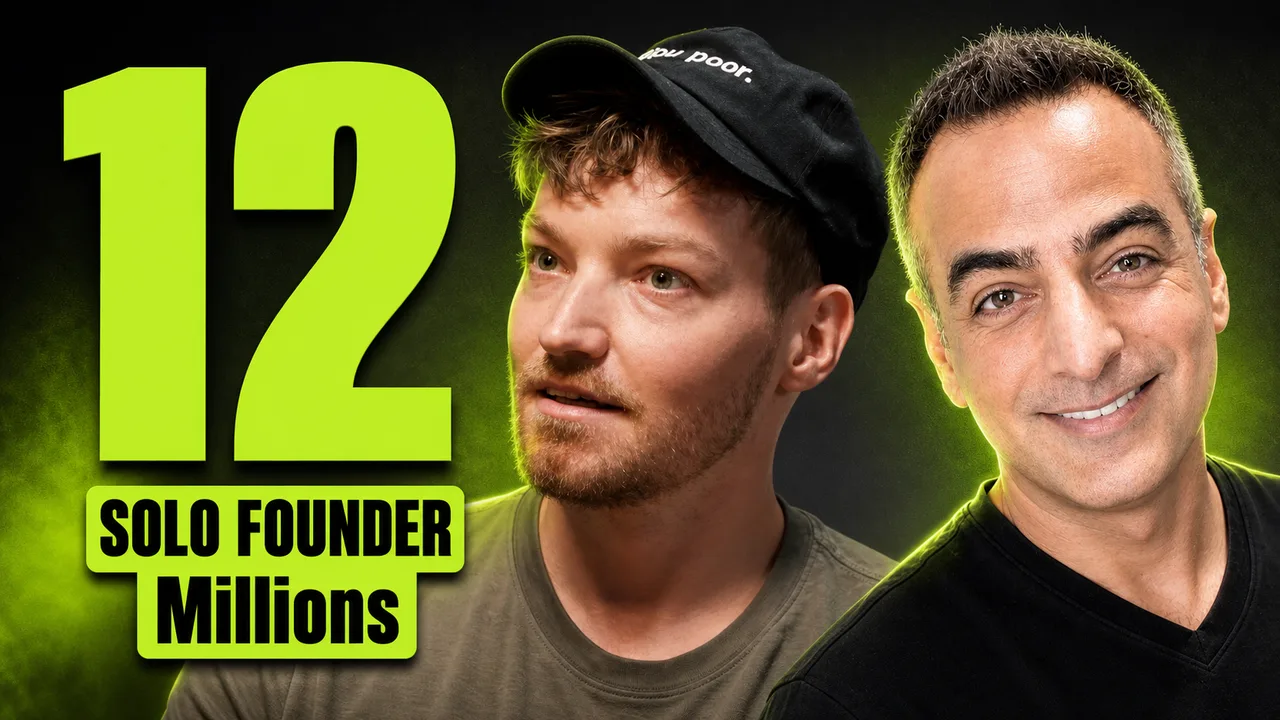 The thumbnail that shipped: a large 12 beside the host and guest, reading twelve products, zero employees, millions.